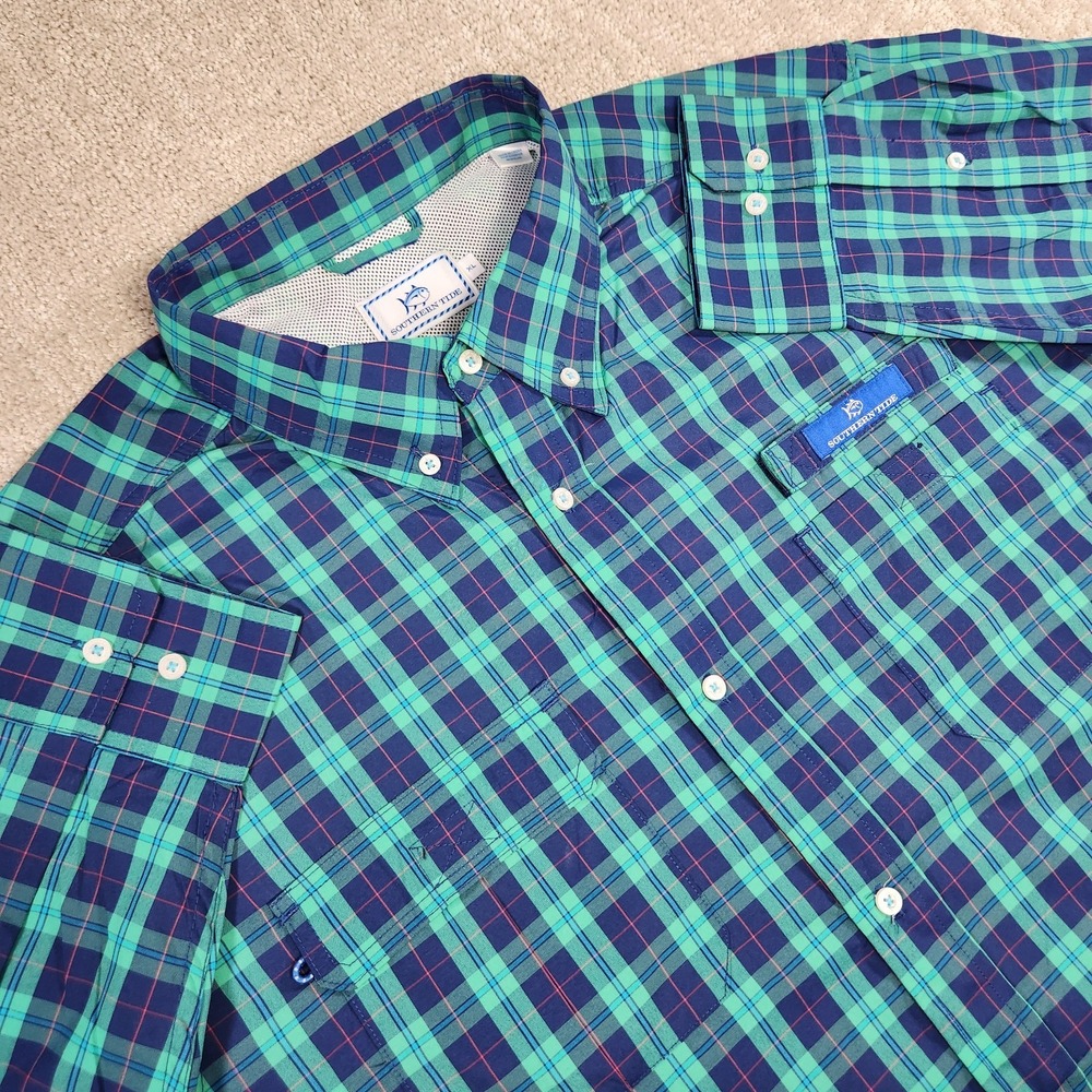 Southern Tide Shirt Mens XL Bluefish Plaid Classic Fit Vented Performance Button